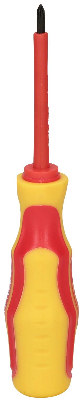 Ein isolierter Schraubendreher mit rotem Griff und gelben Details, geeignet für Arbeiten an elektrischen Geräten.