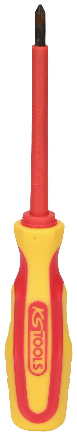 Ein gelb-roter Schraubendreher mit Kreuzschlitz, geeignet für handwerkliche Arbeiten und Reparaturen.