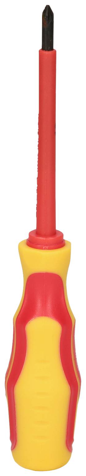 Ein isolierter Schraubendreher mit rotem und gelbem Griff, geeignet für Arbeiten an elektrischen Geräten.