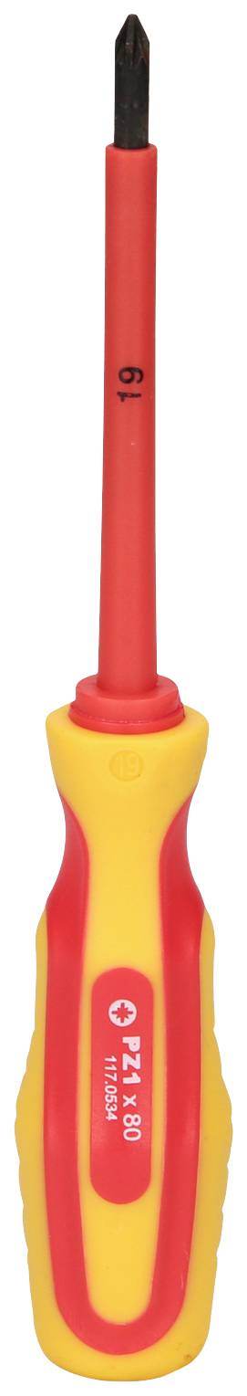 Ein isolierter Schraubendreher mit rotem und gelbem Griff, geeignet für Arbeiten an elektrischen Geräten.