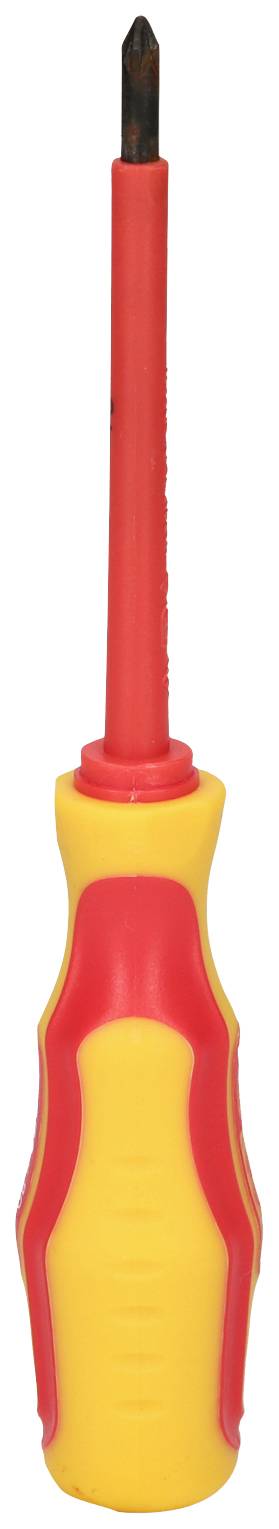 Ein isolierter Kreuzschlitzschraubendreher mit rotem und gelbem Griff, geeignet für elektrische Arbeiten.