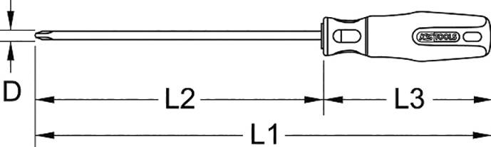 Zeichnung eines Schraubendrehers mit Maßangaben: D (Durchmesser), L1, L2, L3 (Längen). Der Griff ist ergonomisch geformt.