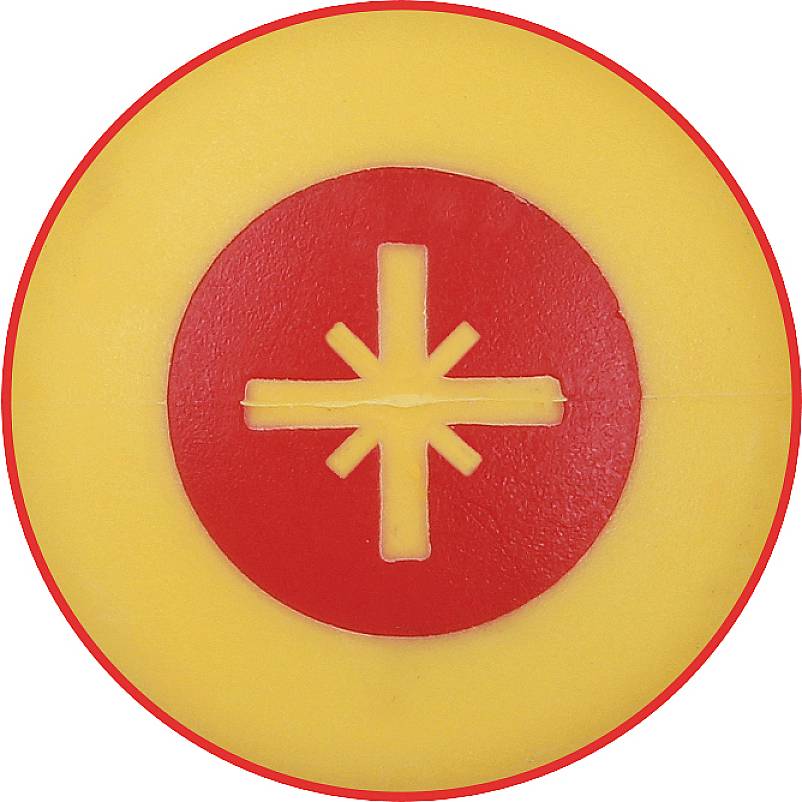 Gelbe Scheibe mit rotem Kreis in der Mitte, darin ein gelbes, sternförmiges Symbol.