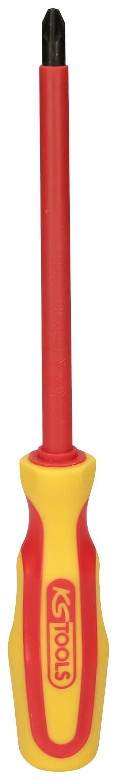 Ein Kreuzschlitzschraubendreher mit gelbem Griff und roten Akzenten, oben eine schwarze Spitze. Geeignet für Kreuzschlitzschrauben.