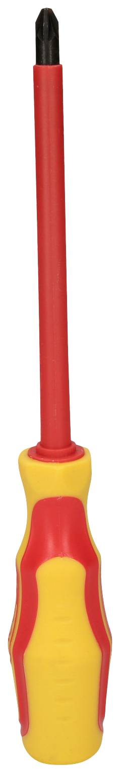 Ein Schraubendreher mit rotem Griff und gelbem Akzent. Die Spitze ist schwarz. Hauptwerkzeug zum Schrauben von Schrauben.