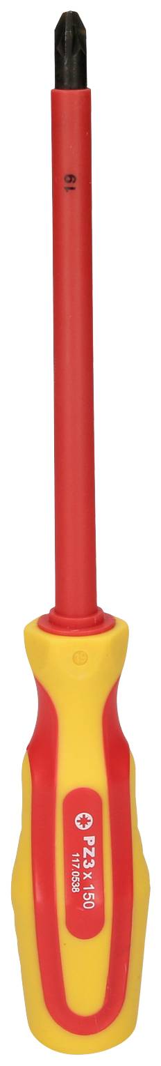 Schraubendreher mit rotem und gelbem Griff, isoliert für elektrische Arbeiten. Spitze für Kreuzschlitzschrauben geeignet.
