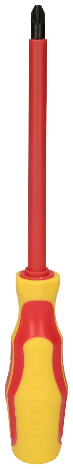 Ein Schraubendreher mit rotem und gelbem Griff sowie schwarzer Kreuzschlitzspitze.