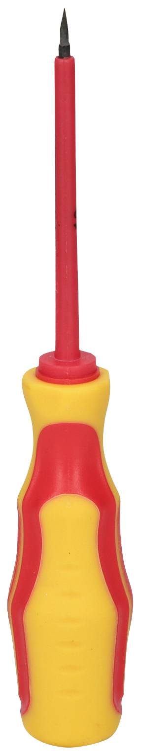 Ein isolierter Schraubendreher mit gelbem und rotem Griff, verwendet für elektrische Arbeiten.