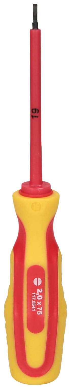 Schraubendreher mit rotem und gelbem isolierten Griff, geeignet für elektrische Arbeiten, abgebildet auf weißem Hintergrund.