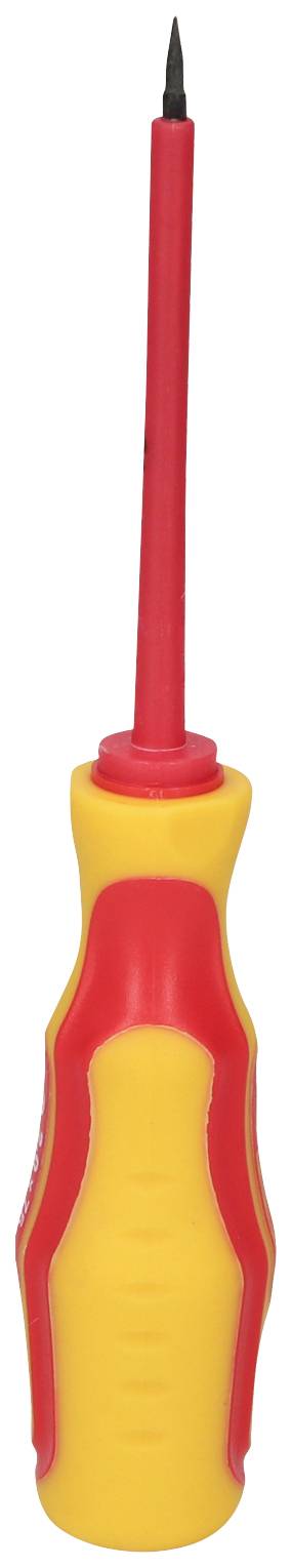 Ein gelb-roter Schraubendreher mit isoliertem Griff und schmaler Spitze, geeignet für Arbeiten an elektrischen Geräten.