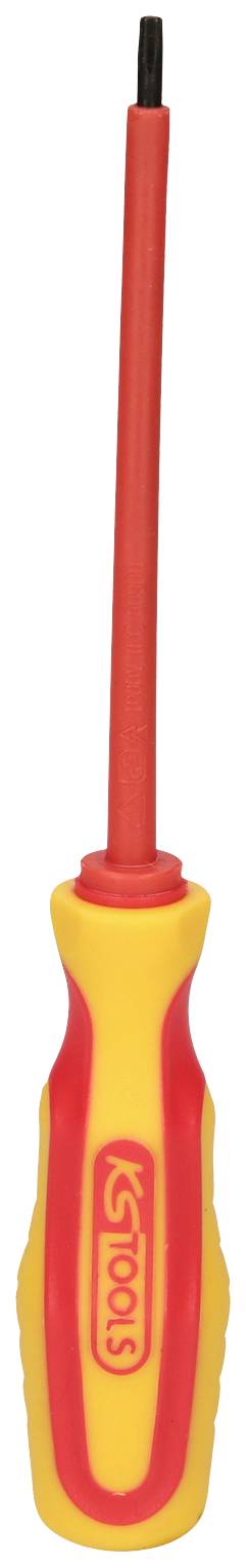 Ein isolierter Schraubendreher mit rotem und gelbem Griff, geeignet für Arbeiten an elektrischen Geräten bis 1000V.