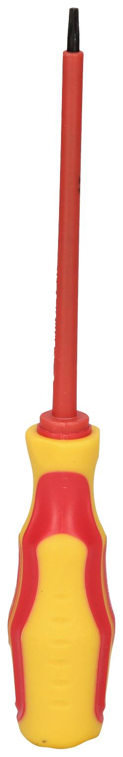 Ein Schraubendreher mit einem rot-gelben Griff und einer langen, dünnen, isolierten Klinge.