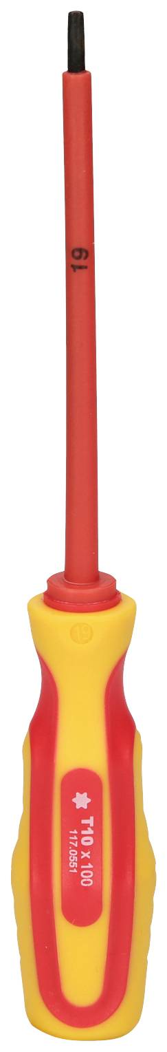 Ein isolierter Schraubendreher mit rotem Griff und gelber Umrandung, geeignet für elektrische Arbeiten.