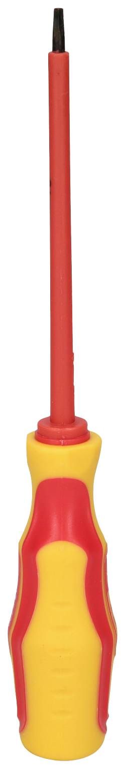Gelber und roter Schraubendreher mit isoliertem Griff und flacher Spitze, dargestellt in vertikaler Ansicht.