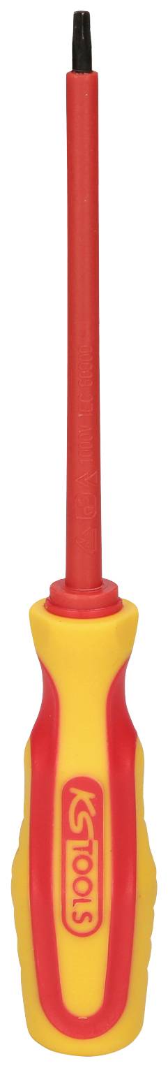 Isolierter Schraubendreher mit gelbem Griff und roter Spitze, geeignet für Elektroarbeiten.