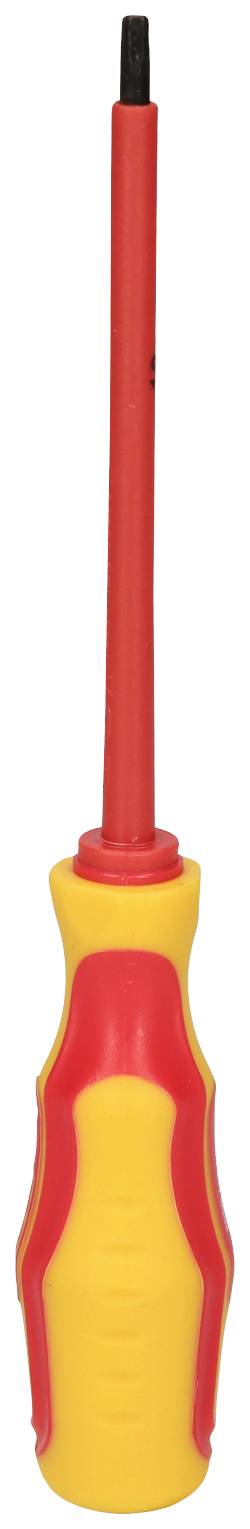 Ein gelb-roter Isolationsschraubendreher mit einem langen, schmalen Schaft und schwarzer Spitze, geeignet für Elektrikerarbeiten.