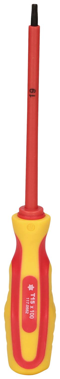 Ein isolierter Schraubendreher mit rotem Griff und gelbem Akzent, geeignet für sichere Arbeiten an elektrischen Geräten.