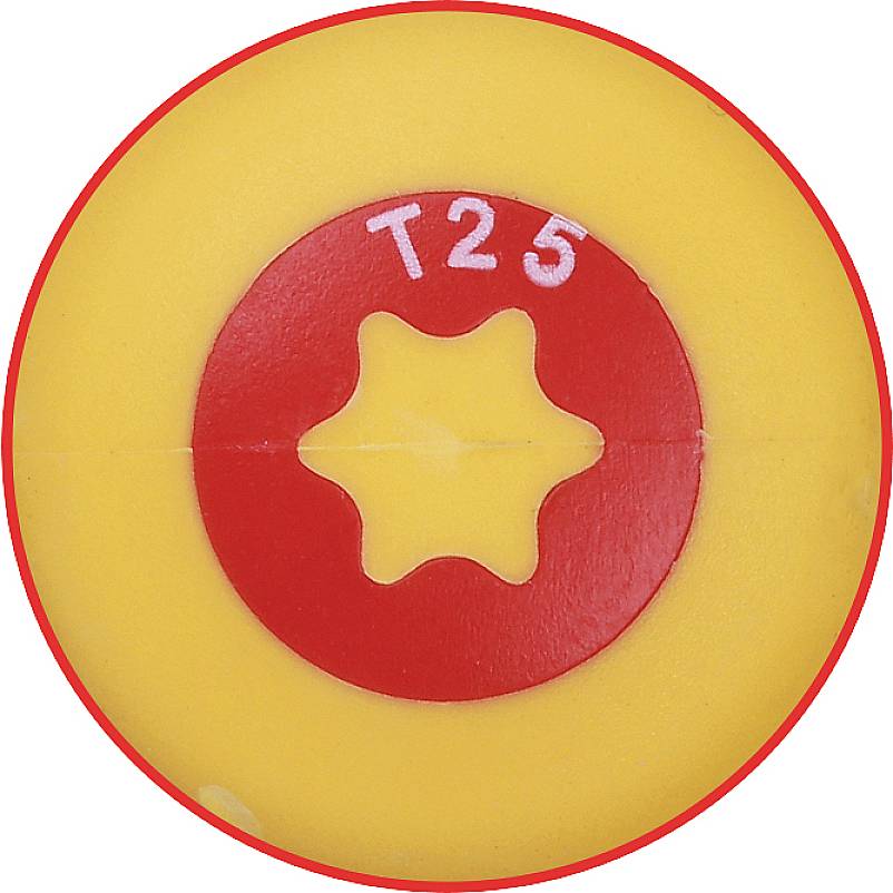 Ein gelber Schraubenkopf mit rotem Sternlochmuster, markiert mit 'T25'.