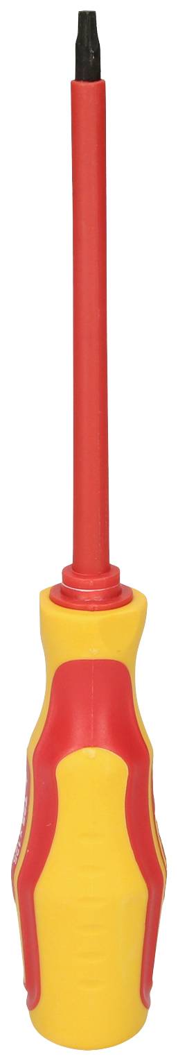 Ein isolierter Schraubendreher mit rotem Griff und gelbem Schaft, geeignet für Elektrowerk, liegt auf einer weißen Oberfläche.