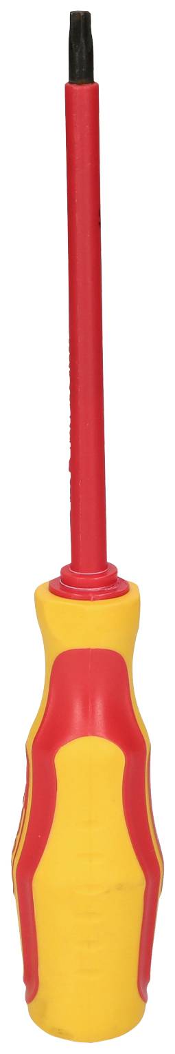 Ein roter und gelber Schraubendreher mit isoliertem Griff, geeignet für Arbeiten an elektrischen Geräten.