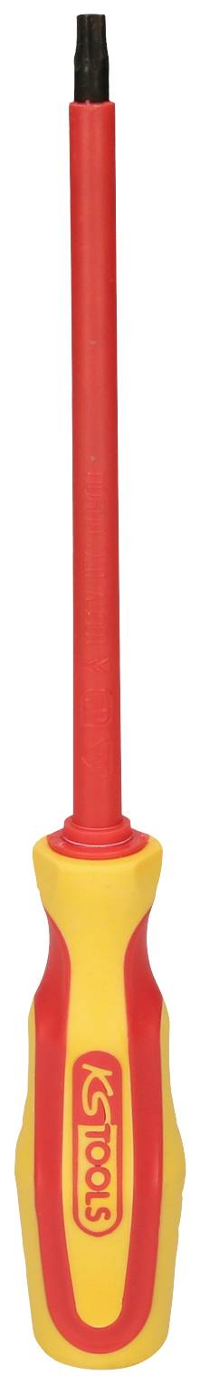 Ein isolierter Schraubendreher mit rotem Griff und gelbem Akzent, geeignet für Arbeiten an elektrischen Geräten.