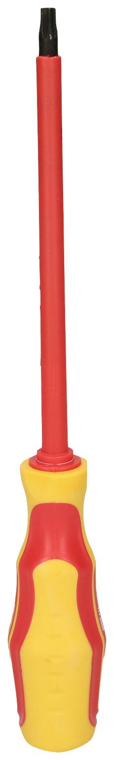 Isolierter Schraubendreher mit rotem Griff und gelber Gummierung, geeignet für Arbeiten an elektrischen Geräten.