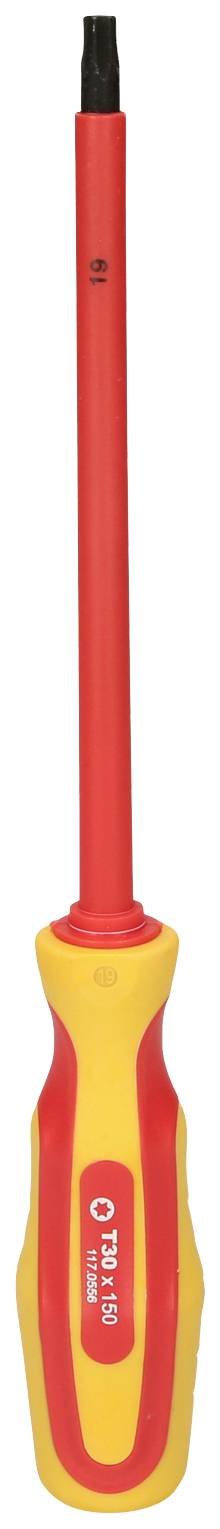 Ein gelb-roter Schraubendreher mit isoliertem Griff, geeignet für Arbeiten an elektrischen Geräten.
