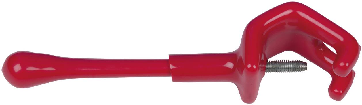 Ein rotes, handgehaltenes Werkzeug mit einem Griff und einer Klemmschraube. Es sieht aus, als könnte es zum Greifen oder Festhalten verwendet werden.