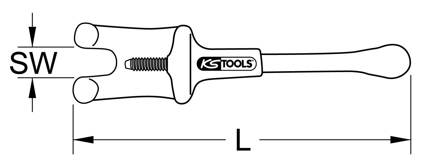 Abgebildet ist ein Werkzeug zum Lösen von Kugelgelenken, mit Schraubmechanismus und den Maßen SW und L.