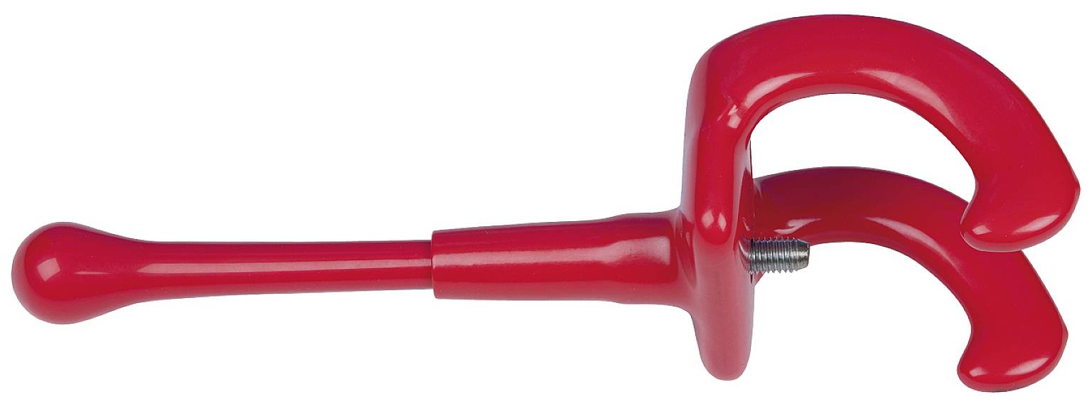 Ein roter, kunststoffbeschichteter Griff mit zwei gebogenen Haken und einer Schraube, geeignet zur Befestigung an einem Rohr.