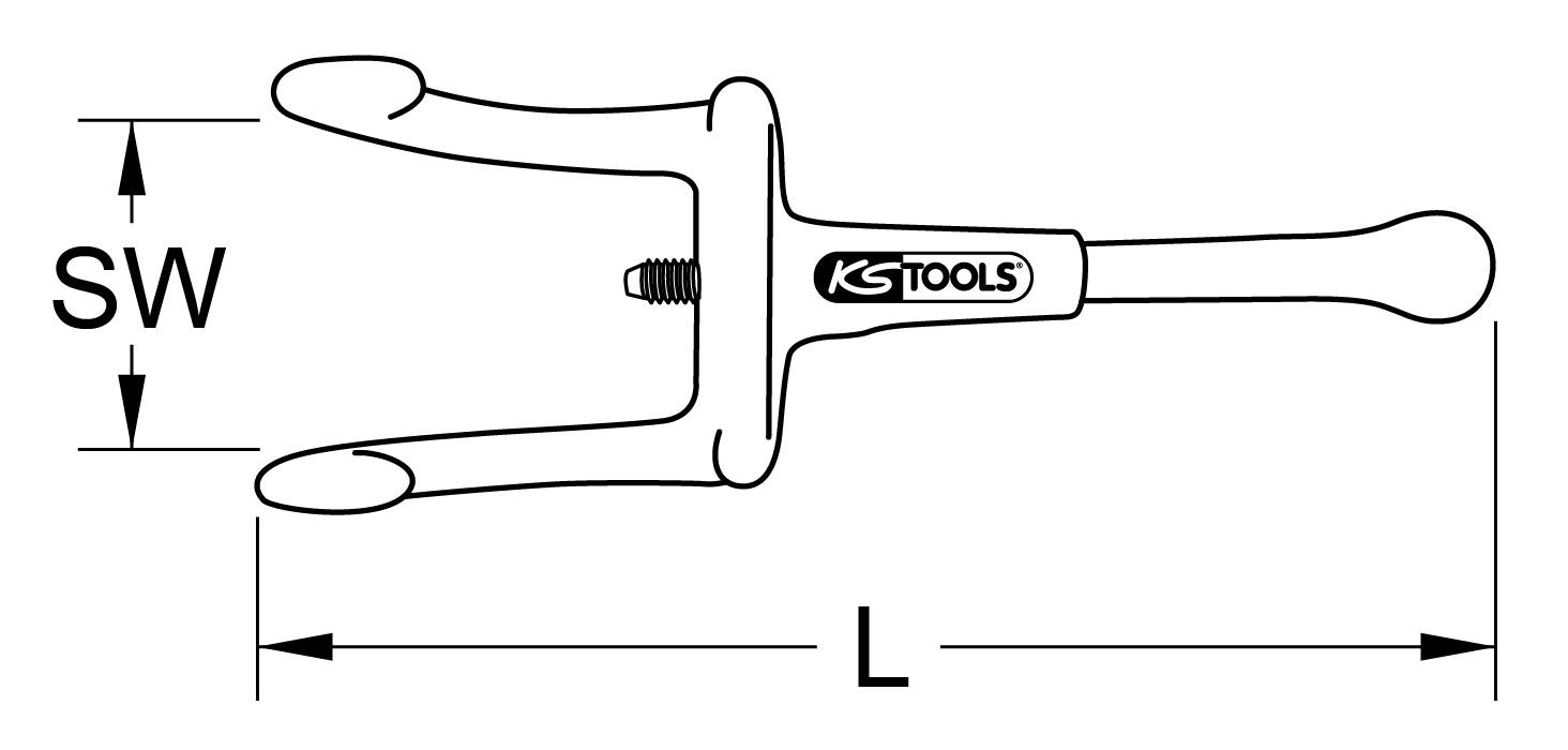 'KS TOOLS' Kugelgelenkabzieher, technische Zeichnung mit Maßen SW (Breite) und L (Länge) markiert, zeigt Werkzeug auf einer Seite.