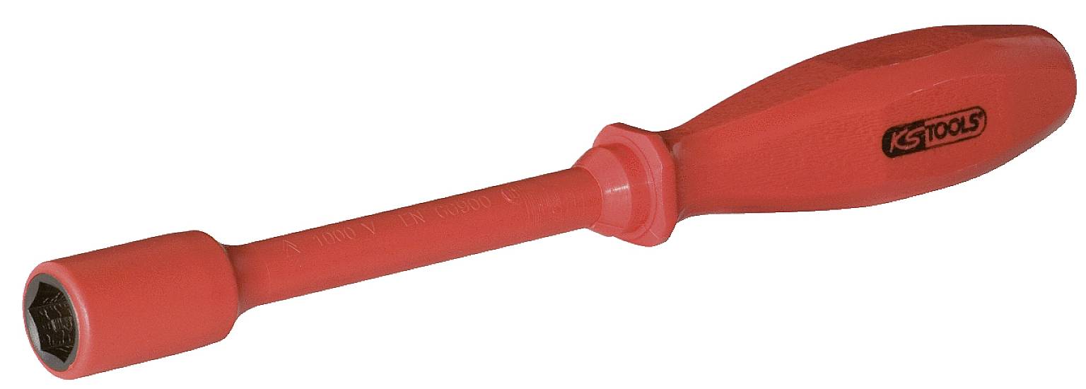 Roter Schraubenschlüssel mit sechskantiger Stecknuss und ergonomischem Griff; geeignet für handbetriebene Arbeiten.