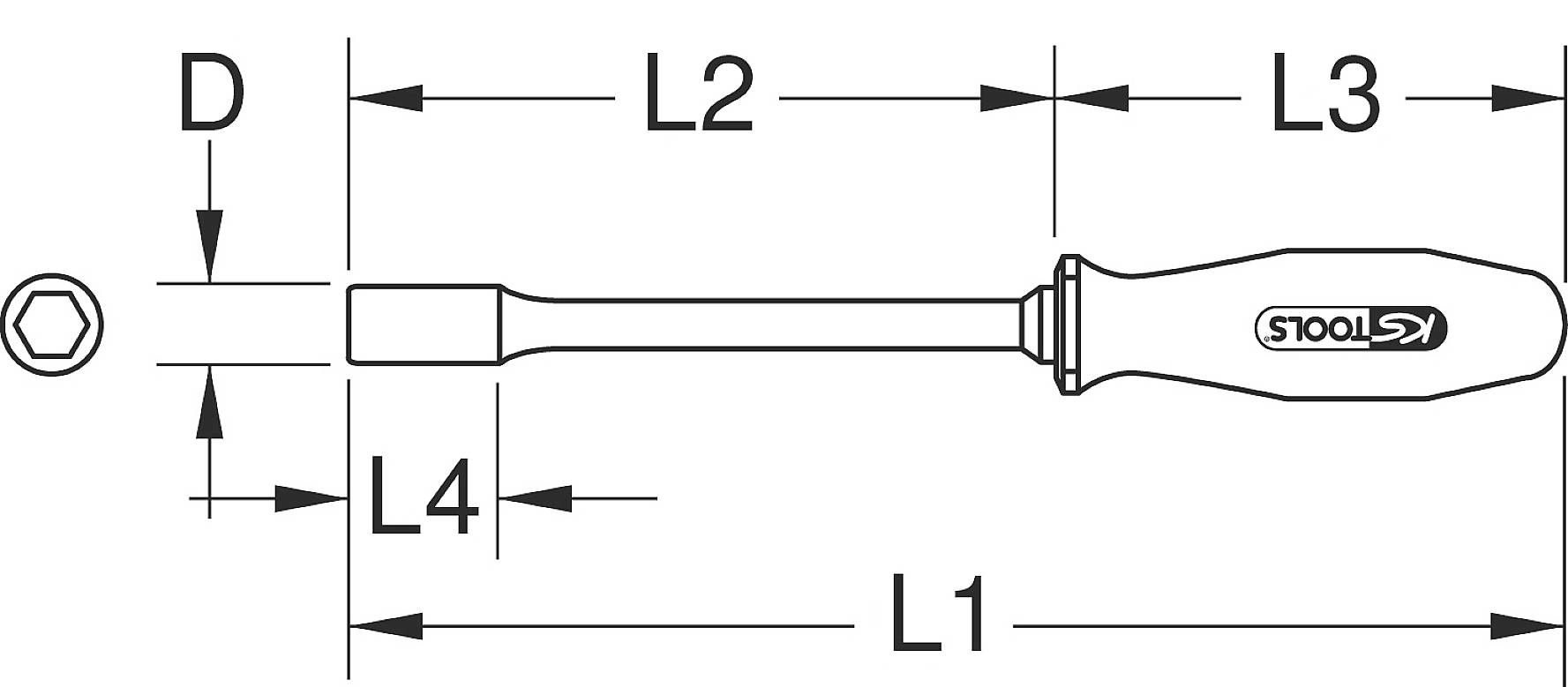 Diagramm eines Schraubendrehers mit Maßangaben D, L1, L2, L3 und L4 zur Veranschaulichung der Abmessungen von Griff und Spitze.