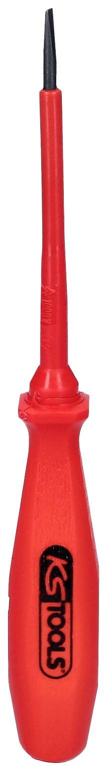 Ein roter Schraubendreher mit schmaler Spitze, geeignet für feine Arbeiten.