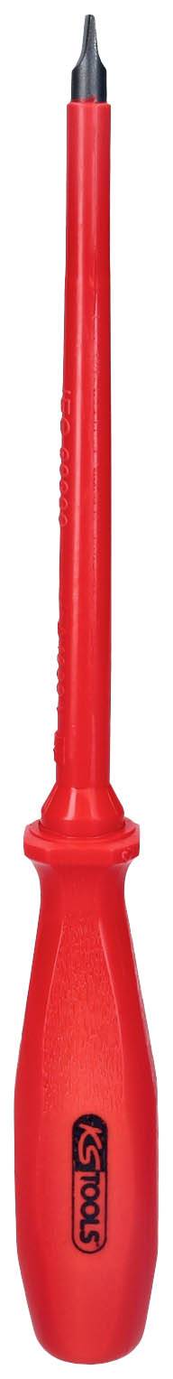 Roter Schraubendreher mit einem langen Griff und schmaler Spitze, geeignet für elektrische Arbeiten.