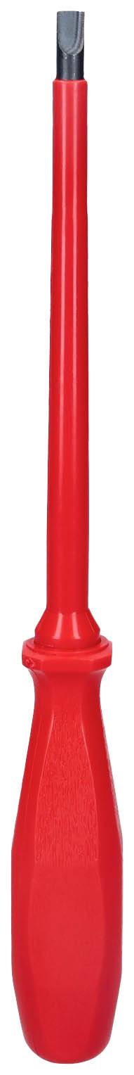 Ein roter Schraubenzieher mit flachem Kopf und langem Griff.