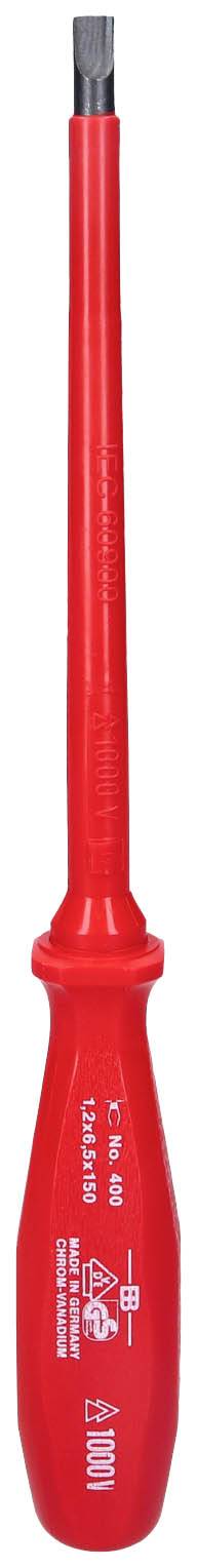 Ein roter, isolierter Schraubendreher mit flacher Spitze, geeignet für Arbeiten an elektrischen Anlagen bis 1000 Volt.