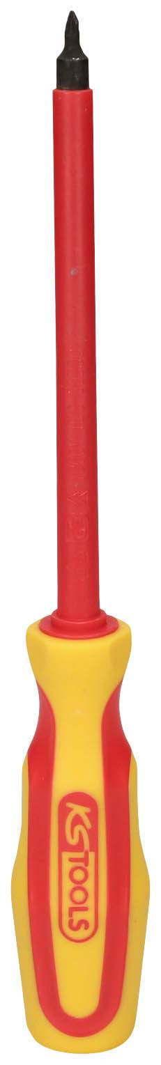 Ein Schraubendreher mit gelbem und rotem Griff. Der Griff hat einen ergonomischen Design, der Stab ist isoliert für Sicherheitsanwendungen.
