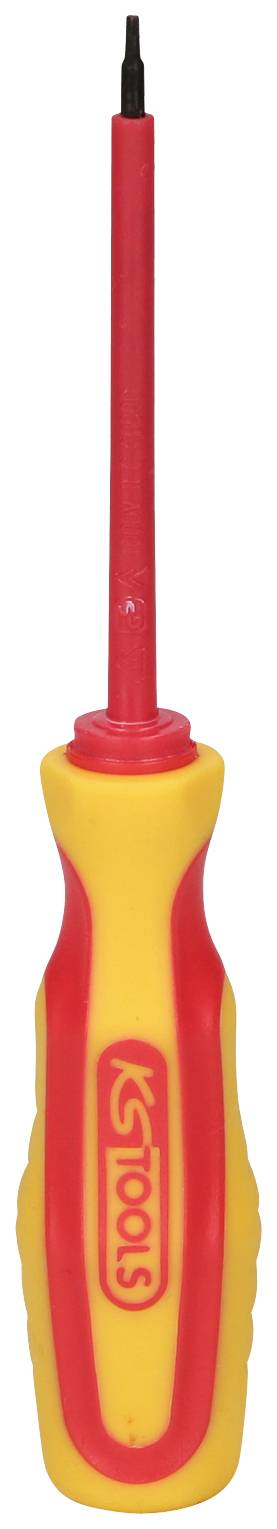 Schraubendreher mit rotem und gelbem Griff, geeignet für Elektrowerkzeuge, mit einem isolierten Schaft für Sicherheit bei der Arbeit.