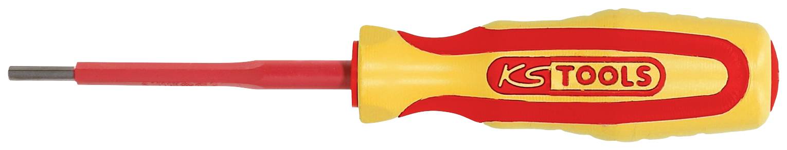Ein gelb-roter Schraubendreher mit der Aufschrift 'KS TOOLS' auf dem Griff. Der Schaft ist rot isoliert.