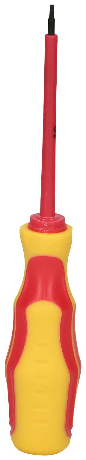 Ein isolierter Schraubendreher mit gelbem und rotem Griff und schwarzer Spitze. Geeignet für Arbeiten an elektrischen Geräten.