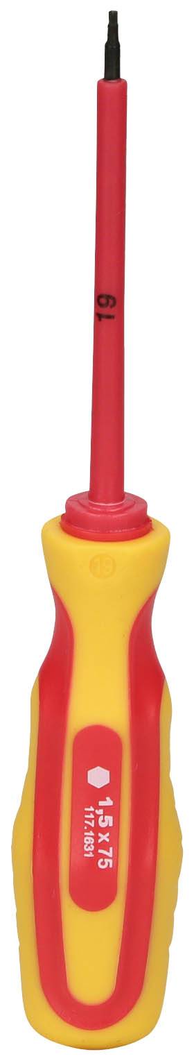 Ein isolierter Schraubendreher mit rotem Griff und gelbem Akzent, geeignet für Arbeiten an elektrischen Installationen.