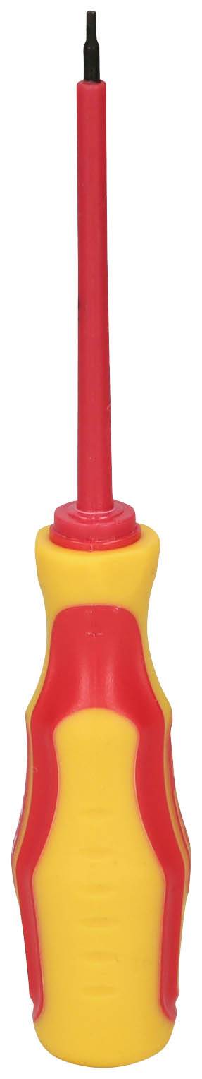 Ein roter und gelber Schraubendreher mit ergonomischem Griff und langer, schmaler Klinge, geeignet für präzise Arbeiten.