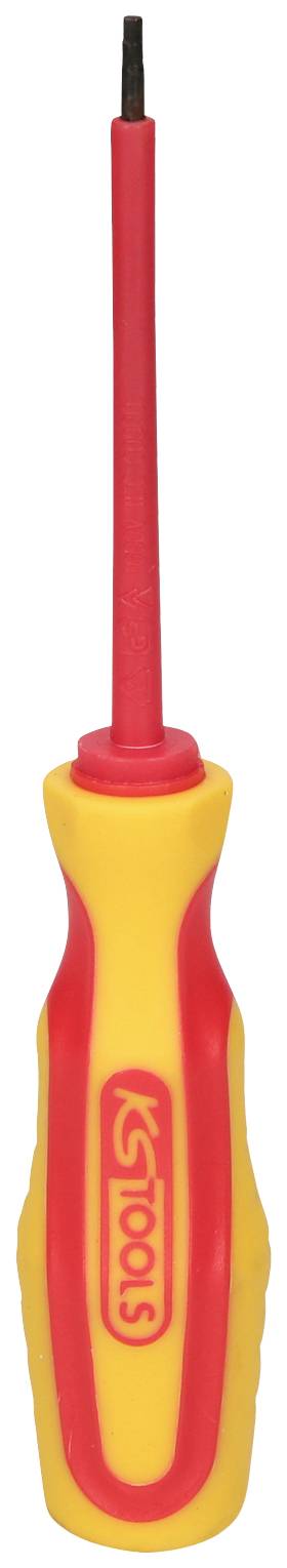 Ein gelb-roter Schraubendreher mit isoliertem Griff und schmaler Spitze.