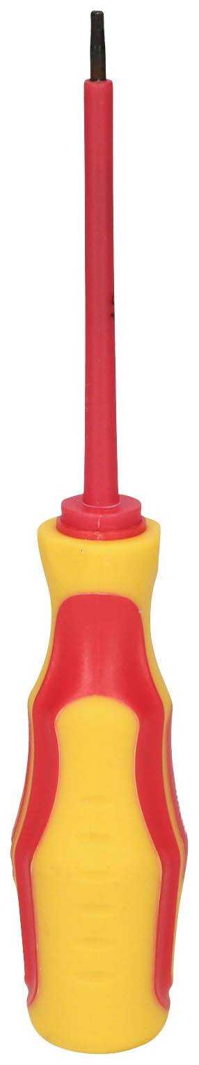 Ein gelb-roter Schraubendreher mit isoliertem Griff für elektrische Arbeiten.