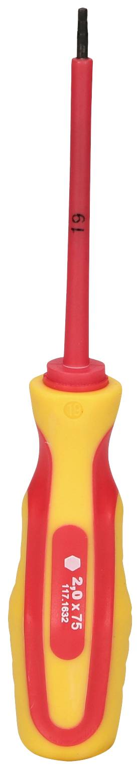 Ein Schraubendreher mit isoliertem Griff und schmaler Klinge, geeignet für elektrische Arbeiten.