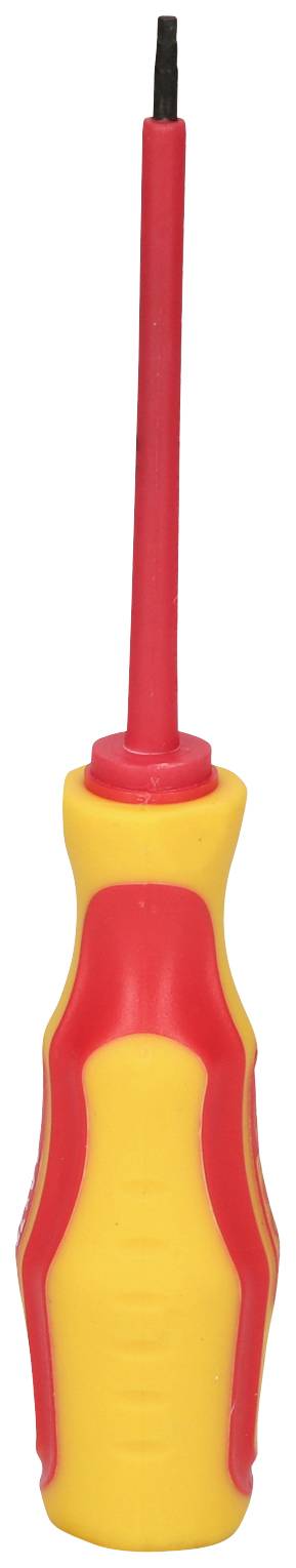 Ein gelb-roter Schraubendreher mit isoliertem Griff und langer, schmaler Klinge, geeignet für Elektroarbeiten.