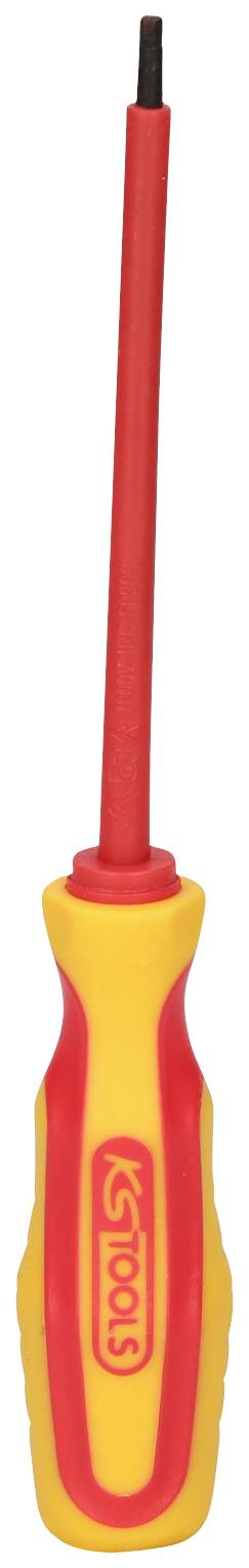 Schraubendreher mit isoliertem, rot-gelbem Griff und schwarzer, schmaler Spitze; geeignet für Elektrowerkzeuge.