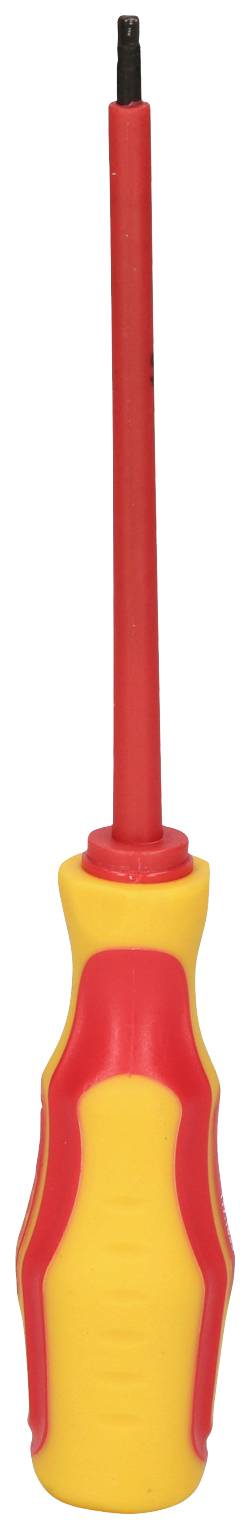 Ein rot-gelber Schraubendreher mit isoliertem Griff und langer, dünner Klinge. Geeignet für Elektroarbeiten.