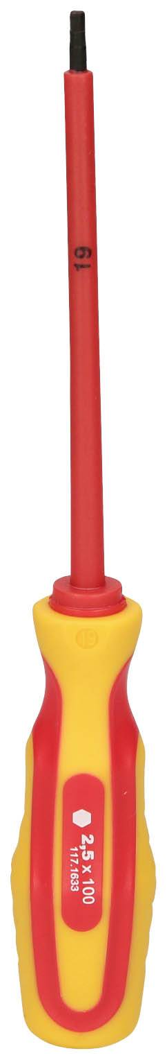 Ein Schraubendreher mit rotem und gelbem Griff, geeignet für Arbeiten mit elektrischen Geräten.